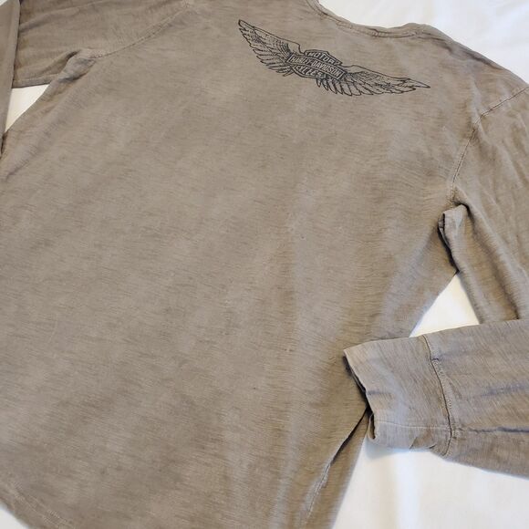 Harley Daivdson Mens Long Sleeve Burnout Snap Front Sz Large Tan Distressed - Picture 6 of 8